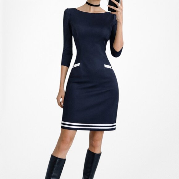 American Vintage Dresses & Skirts - Vintage Y2K Blue 3/4 Sleeve Knit Mini Fitted Bodycon Cocktail Dress Size 2P/M